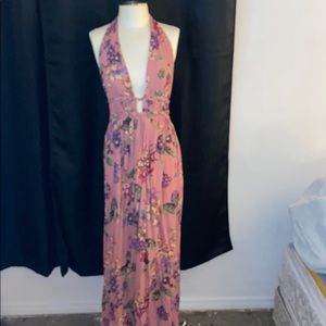 Mauve Floral Backless Haltered Dress